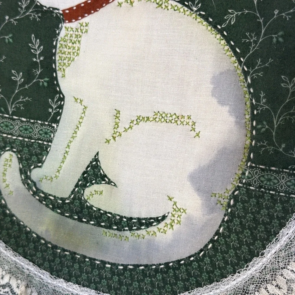 Vintage Fabric Quilted Embroidery Hoop Art Wall Decor Cat Decor Lace Ruffle